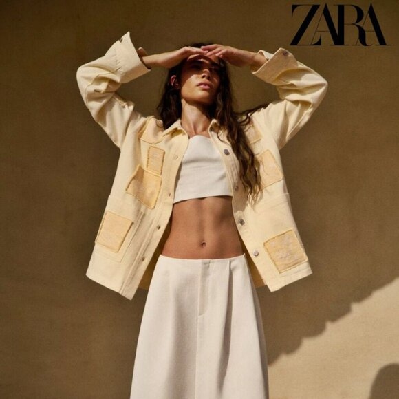 Zara Cotton Overshirt Chore Jacket Embroidered Patches Yellow Size XS - Picture 2 of 16